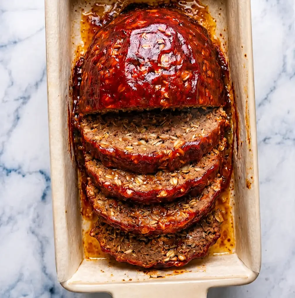 sliced homemade meatloaf with oatmeal, covered in a glossy tomato glaze, arranged inside a ceramic loaf pan on a marble background.