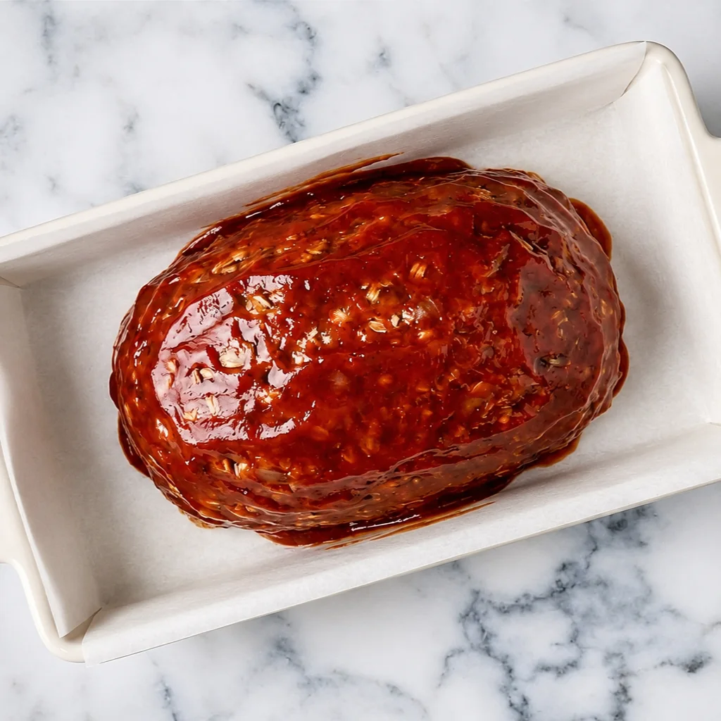 homemade meatloaf with oatmeal, coated in a thick, red tomato glaze and resting in a parchment-lined baking dish.