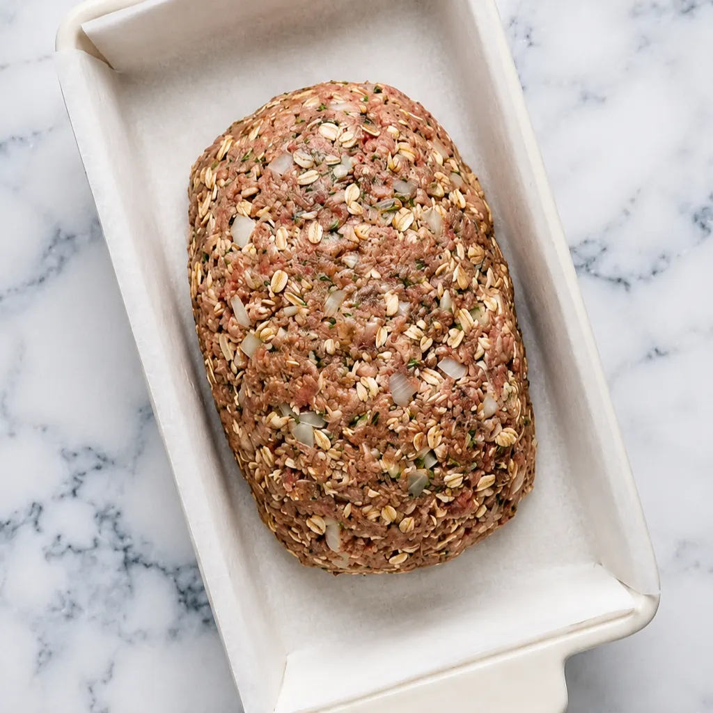 raw, unbaked meatloaf mixture with visible rolled oats and chopped onions, shaped into a loaf inside a parchment-lined baking pan on marble.
