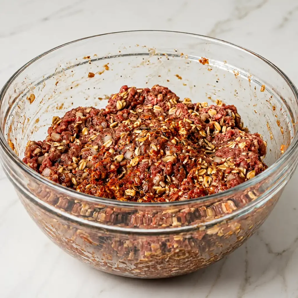 Raw ground beef mixed with rolled oats, spices, and chopped onions inside a large, clear glass mixing bowl, placed on a white marble countertop.