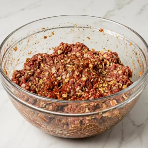Raw ground beef mixed with rolled oats, spices, and chopped onions inside a large, clear glass mixing bowl, placed on a white marble countertop.