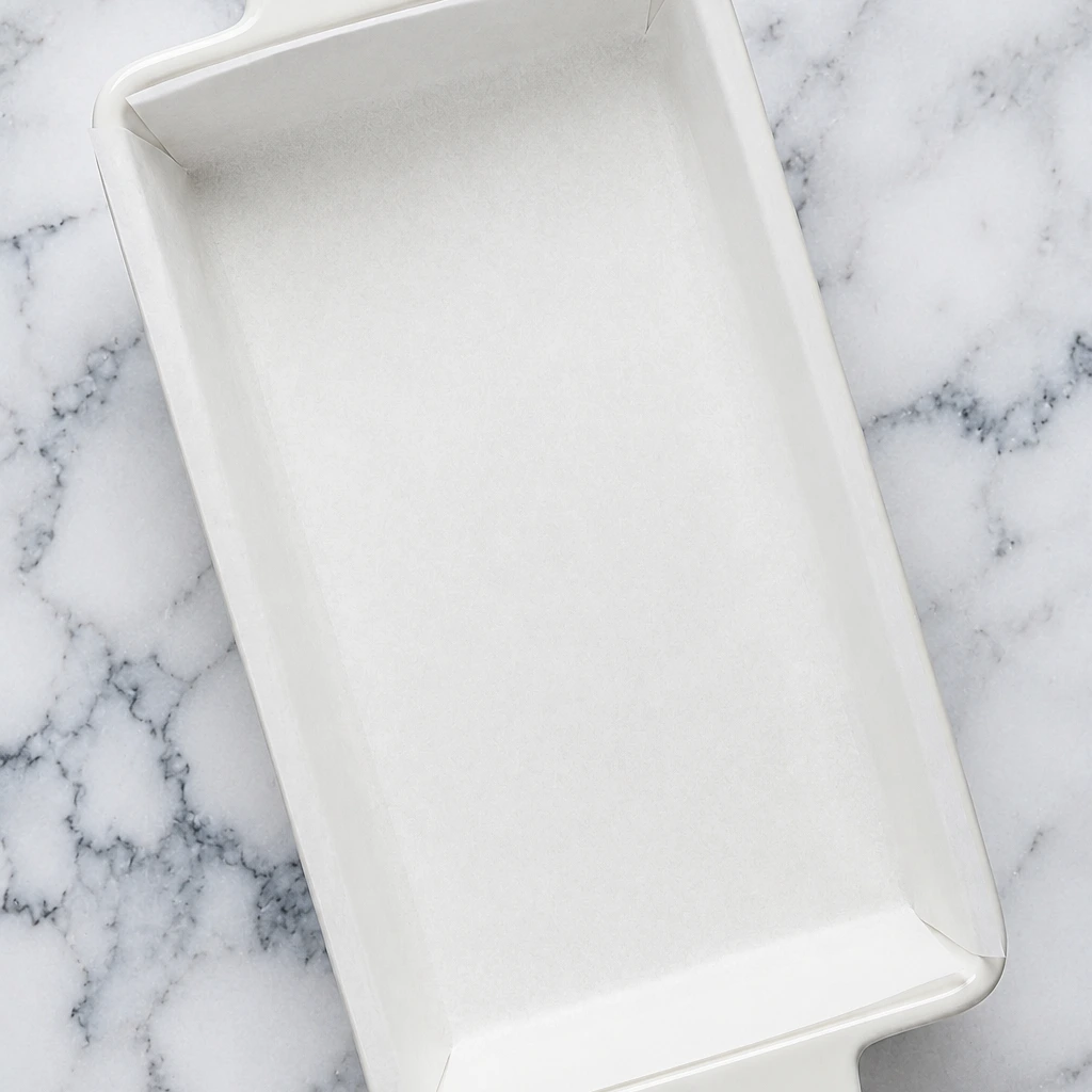 Empty white ceramic loaf pan lined with clean parchment paper
