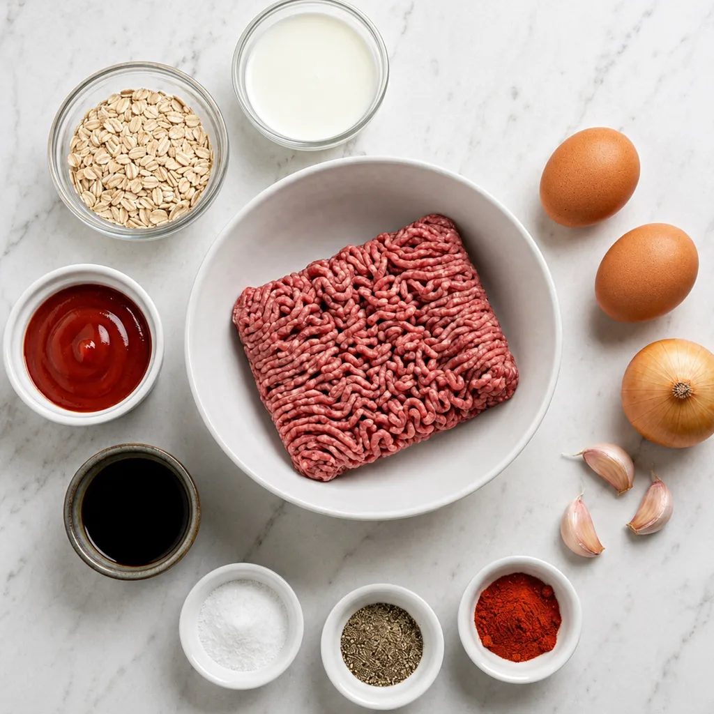 ingredients for a meatloaf recipe with oatmeal, featuring ground beef in a central bowl surrounded by oats, milk, eggs, onion, garlic, and spices. and ketchup