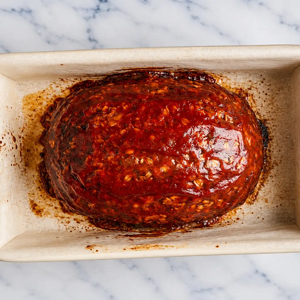 baked homemade meatloaf with oatmeal, topped with a glossy, sweet tomato glaze, resting in a rectangular ceramic baking dish on a marble countertop.