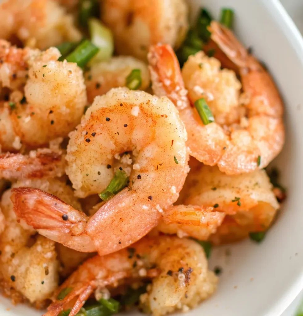 serving bowl filled with perfectly golden, crispy Salt and Pepper Shrimp, generously coated with black pepper, salt, and fresh green onions.