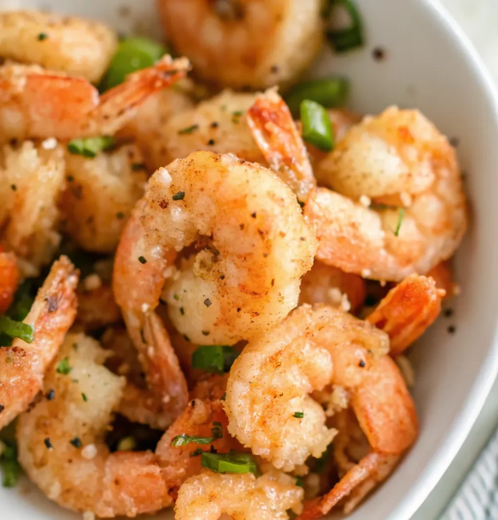 serving bowl filled with perfectly golden, crispy Salt and Pepper Shrimp, generously coated with black pepper, salt, and fresh green onions.