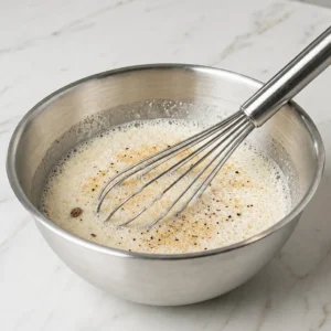 Use a stainless steel whisk to mix the eggs, whole milk, and some spices in a bowl.