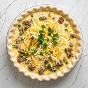Unbaked sausage quiche in a fluted pie crust filled with egg mixture, browned sausage, shredded cheddar cheese, and sliced green onions, ready for the oven.