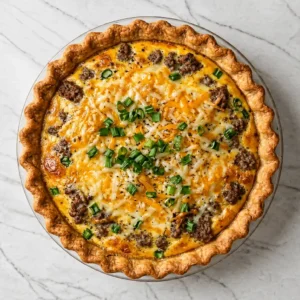 Freshly baked Sausage quiche recipe in a golden fluted pie crust, topped with melted shredded cheese, savory browned sausage, and chopped green onions on a marble surface.