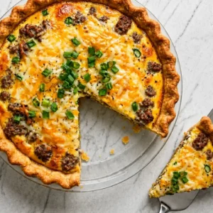 A slice of baked sausage quiche pulled from a golden, flaky crust, displaying melted cheese, seasoned ground sausage, and fresh green onions on a pie server.