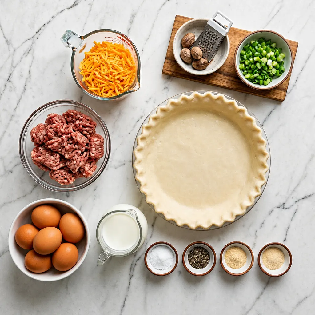 Sausage quiche recipe ingredients, including raw ground sausage, pie crust, brown eggs, milk, shredded cheddar, green onions, whole nutmeg, and small bowls of spices on marble.