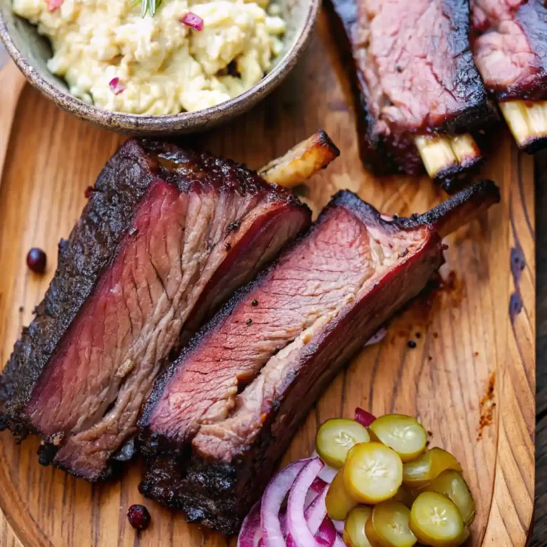 Thick-cut, smoked beef short ribs with a dark bark and deep smoke ring are served on a wooden board alongside a bowl of creamy mashed side dish, red onion, and sliced pickles.