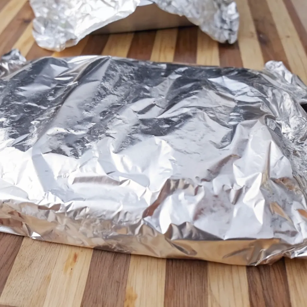 A piece of smoked beef short ribs, wrapped tightly in aluminum foil, is resting on a wooden cutting board,