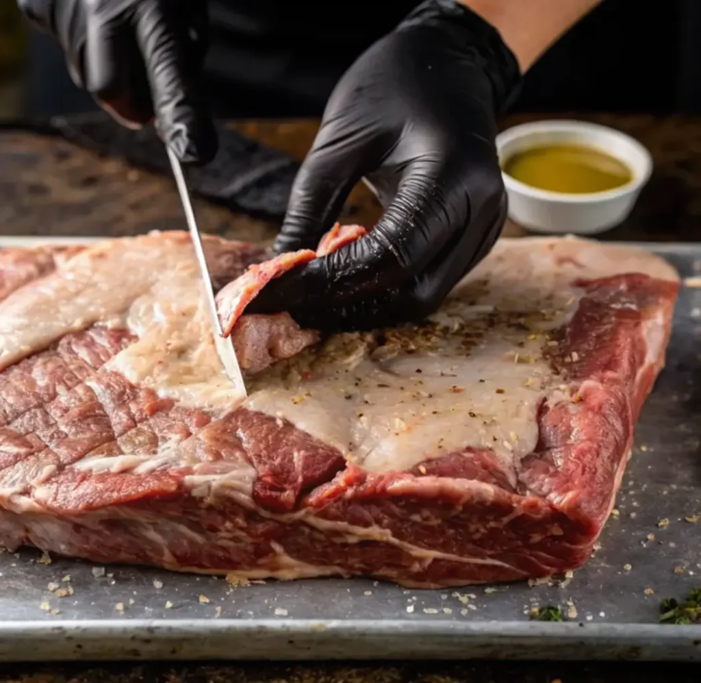 A chef wearing black gloves removes the skin and fat from raw beef ribs with a knife on a tray.