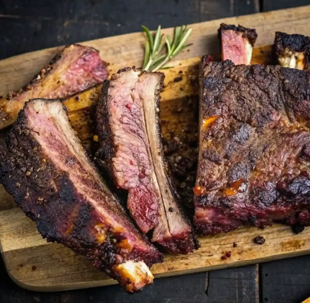 Thick, smoked beef short ribs are sliced on a wooden cutting board, revealing a pink smoke ring and a dark, peppery bark, garnished with a sprig of rosemary.