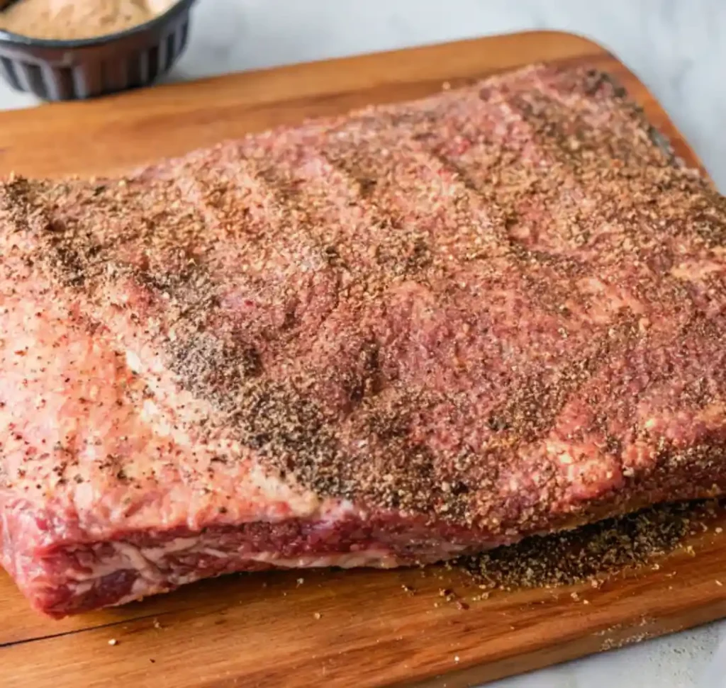 A thick slab of raw beef short ribs is heavily coated with a dry rub of spices, likely salt and pepper, and resting on a wooden cutting board before being smoked.