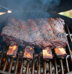A massive rack of smoked beef short ribs with a dark, crusty bark is cooking on the grate of a grill or smoker, with smoke visibly rising around it.