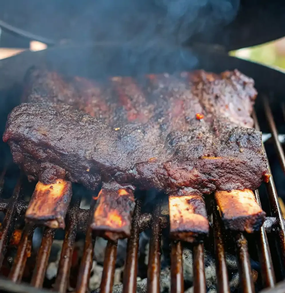 A massive rack of smoked beef short ribs with a dark, crusty bark is cooking on the grate of a grill or smoker, with smoke visibly rising around it.