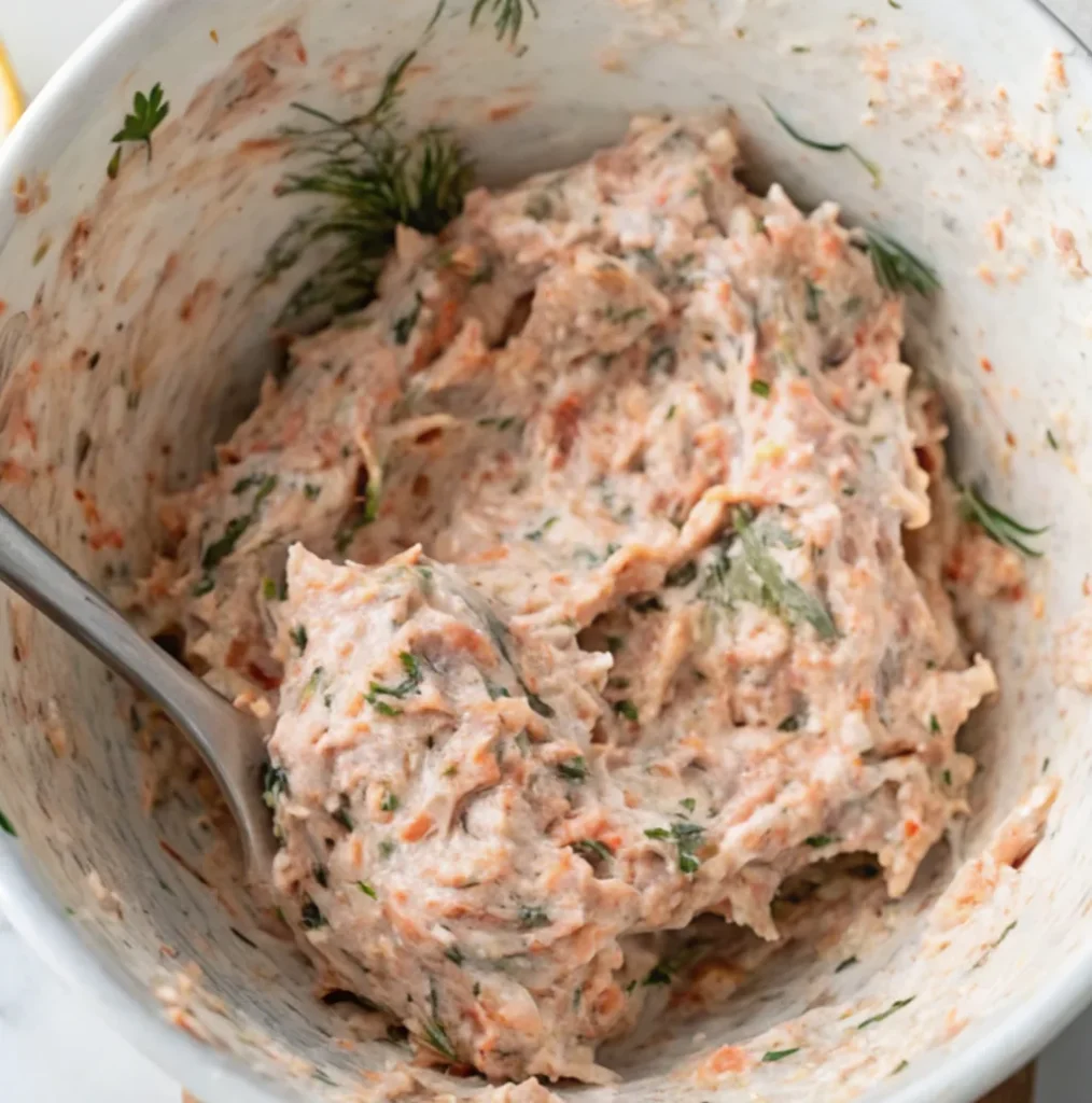 A thick creamy sauce for smoked salmon, mixed in a white bowl with a spoon. It contains small pieces of pink fish, a creamy base of cream cheese and sour cream, and green herbs such as dill and parsley.