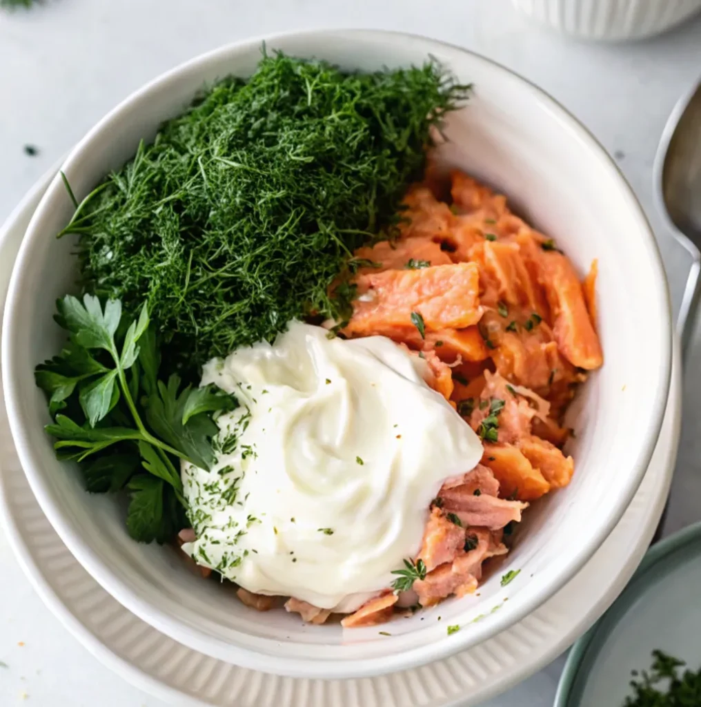 components for a Smoked Trout Dip in a white bowl before mixing. It contains flaky orange smoked fish, a dollop of white creamy base cream cheese, a generous amount of fresh dill, and a sprig of parsley.