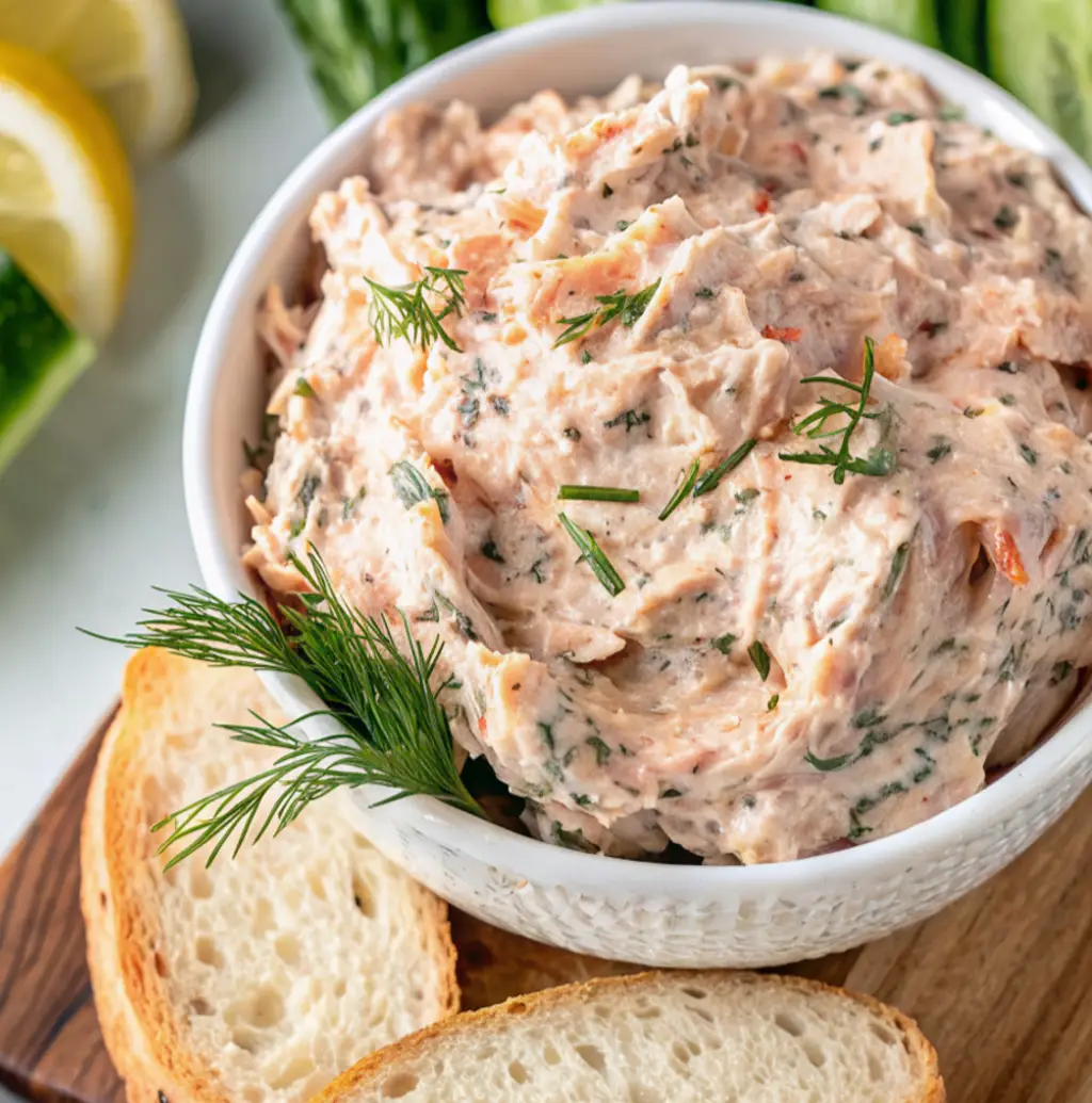 finished Smoked Trout Dip served in a white bowl, garnished with fresh dill. The creamy, pink dip is presented on a wooden board with slices of toasted baguette bread and garnishes like lemon and cucumber in the background, ready for serving.