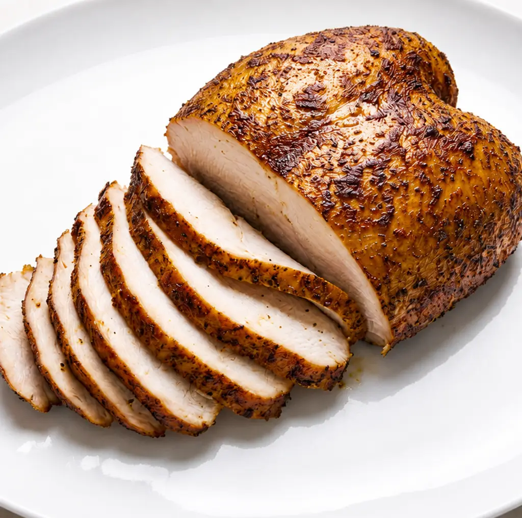 Sliced smoked turkey breast with seasoned, golden-brown crispy skin served fan-style on a clean white serving platter,
