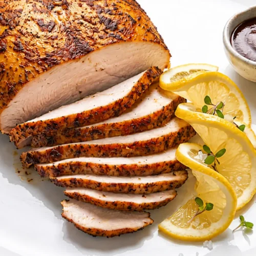 Sliced smoked turkey breast with golden roasted skin served on a white platter garnishing lemon wheels, and a side of barbecue sauce.