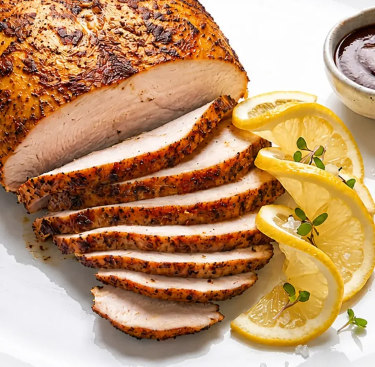 Sliced smoked turkey breast with golden roasted skin served on a white platter garnishing lemon wheels, and a side of barbecue sauce.