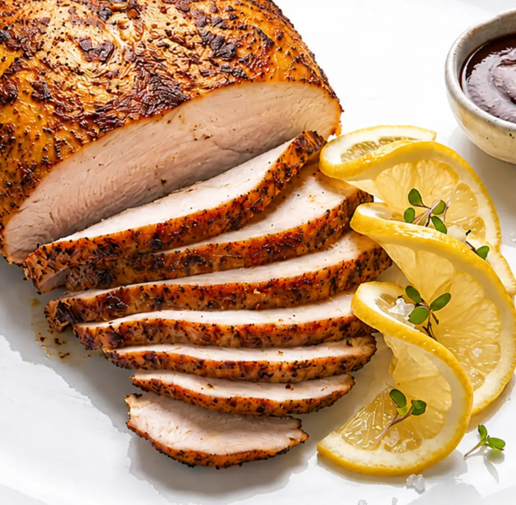 Sliced smoked turkey breast with golden roasted skin served on a white platter garnishing lemon wheels, and a side of barbecue sauce.