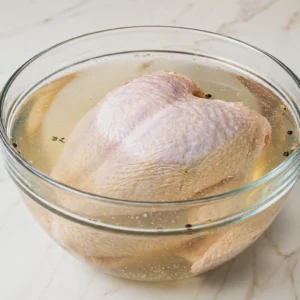 Raw whole turkey breast submerged in a wet brine mixture with peppercorns and herbs inside a large clear glass bowl on a marble countertop.