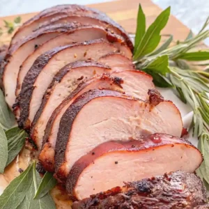 Thickly sliced, moist smoked turkey breast with a dark, savory crust, garnished with fresh rosemary and sage on a wooden cutting board.