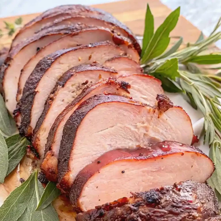 Thickly sliced, moist smoked turkey breast with a dark, savory crust, garnished with fresh rosemary and sage on a wooden cutting board.