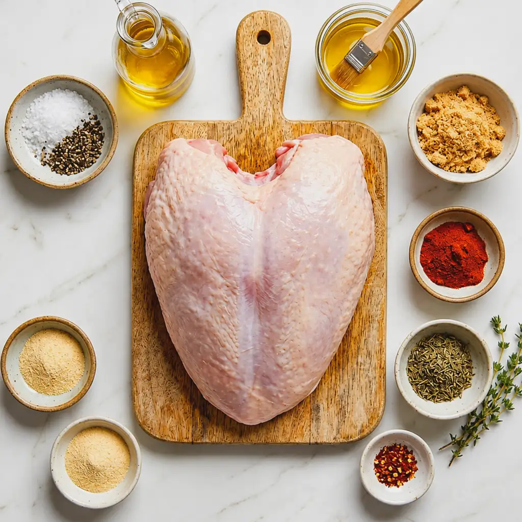 Smoked Turkey Breast Ingredients Raw whole turkey breast on a wooden cutting board surrounded by prep bowls of spices, herbs, olive oil, and brown sugar for a smoked turkey recipe.