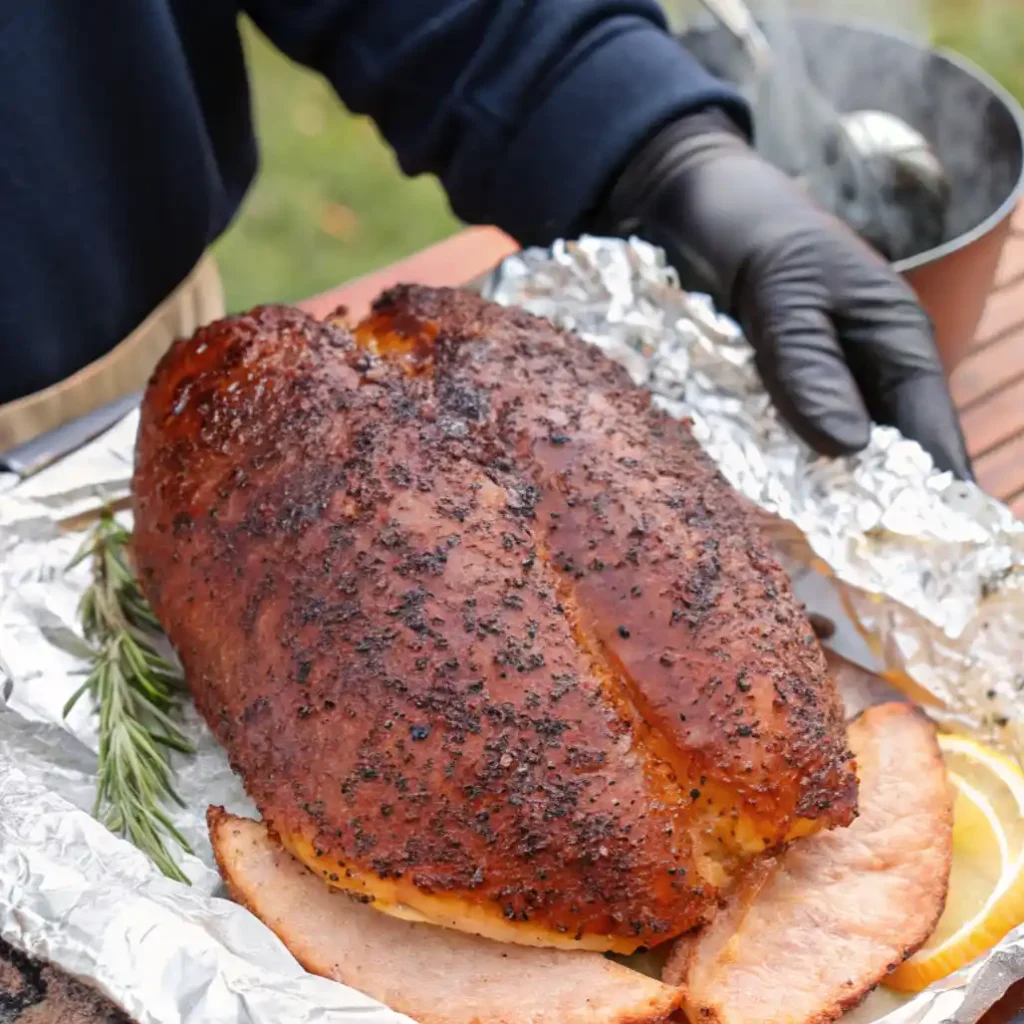 A whole smoked turkey breast with a dark, peppered crust resting on foil with rosemary, lemon slices, and pre-sliced turkey.