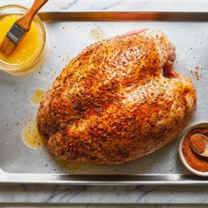 Seasoned raw turkey breast coated with dry rub spices on a baking sheet, next to melted butter and a basting brush before smoking.