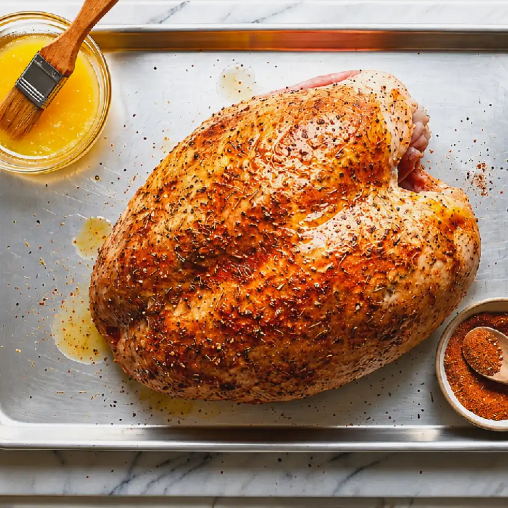 Seasoned raw turkey breast coated with dry rub spices on a baking sheet, next to melted butter and a basting brush before smoking.