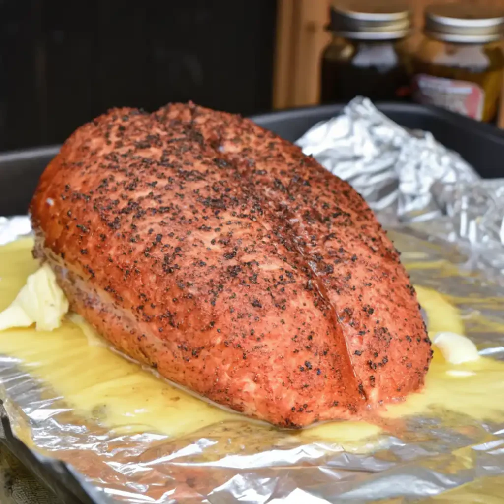 A whole smoked turkey breast with a deeply seasoned, dark red crust, resting in a pool of melted butter on aluminum foil inside a dark roasting pan.