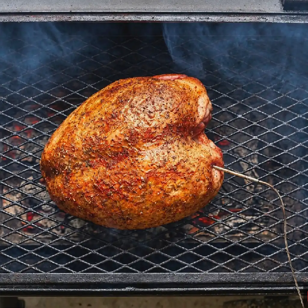 Seasoned turkey breast smoking on an outdoor grill rack with a meat thermometer probe inserted to track internal temperature.
