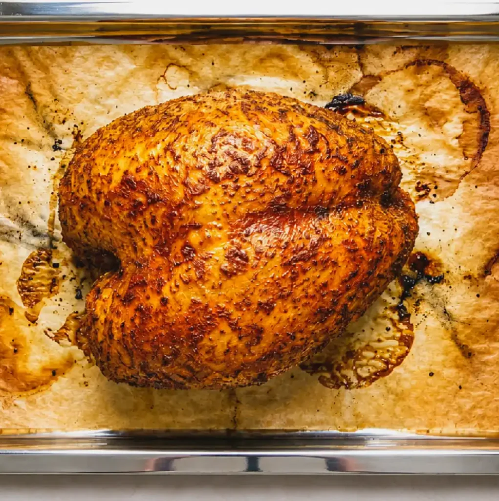Fully cooked smoked turkey breast with golden brown skin resting on butcher paper inside a metal sheet pan after smoking.