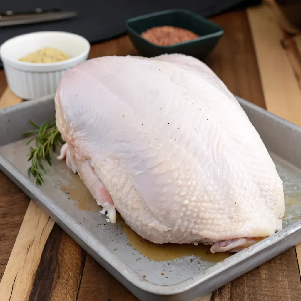 A large, raw, skin-on turkey breast sitting on a metal pan with liquid, ready for preparation alongside bowls of mustard and spice rub."