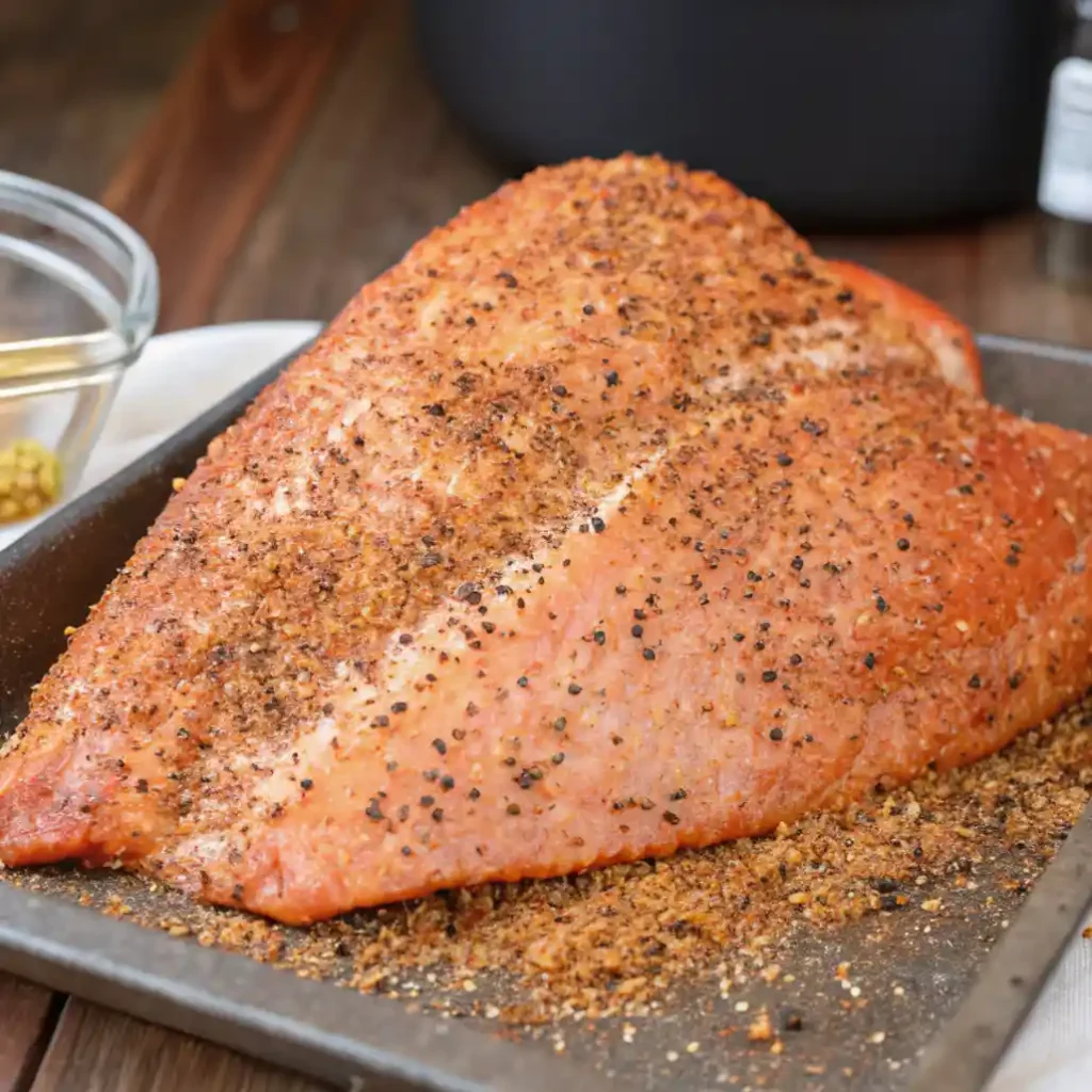 A skinless turkey breast generously coated with a dark, peppered dry rub, sitting on a metal baking sheet before being smoked or cooked.