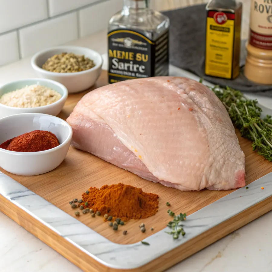 skin-on turkey breast on a wooden board surrounded by bowls of paprika, dried herbs, seasonings, and fresh thyme, ready for smoking."