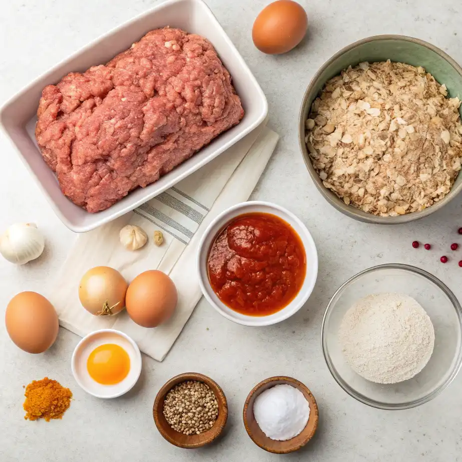 meatloaf recipe with oatmeal ingredients including ground meat, rolled oats, tomato sauce, eggs, onions, garlic, flour, and various spices like turmeric, salt, and peppercorns.