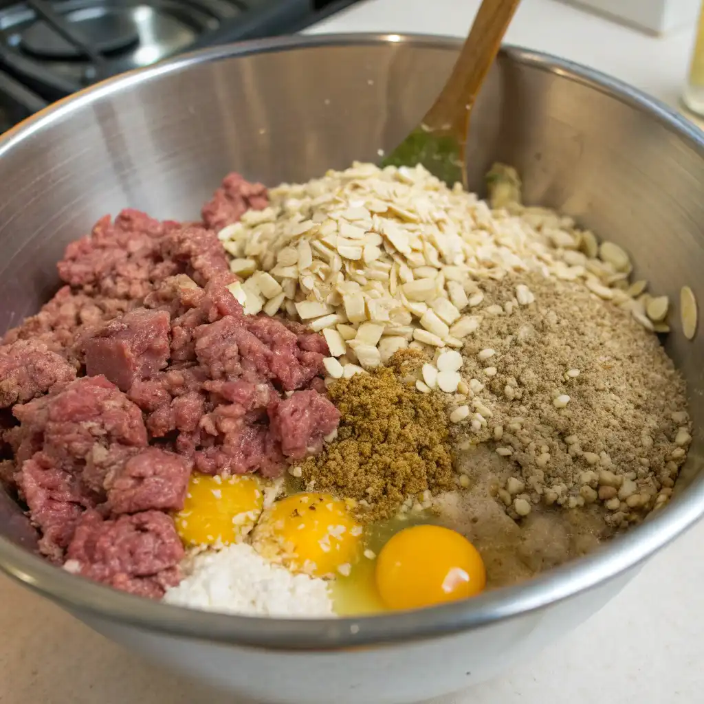 A stainless steel mixing bowl holds the raw ingredients for meatloaf: ground meat, eggs, whole rolled oats, and spices, ready to be combined.
