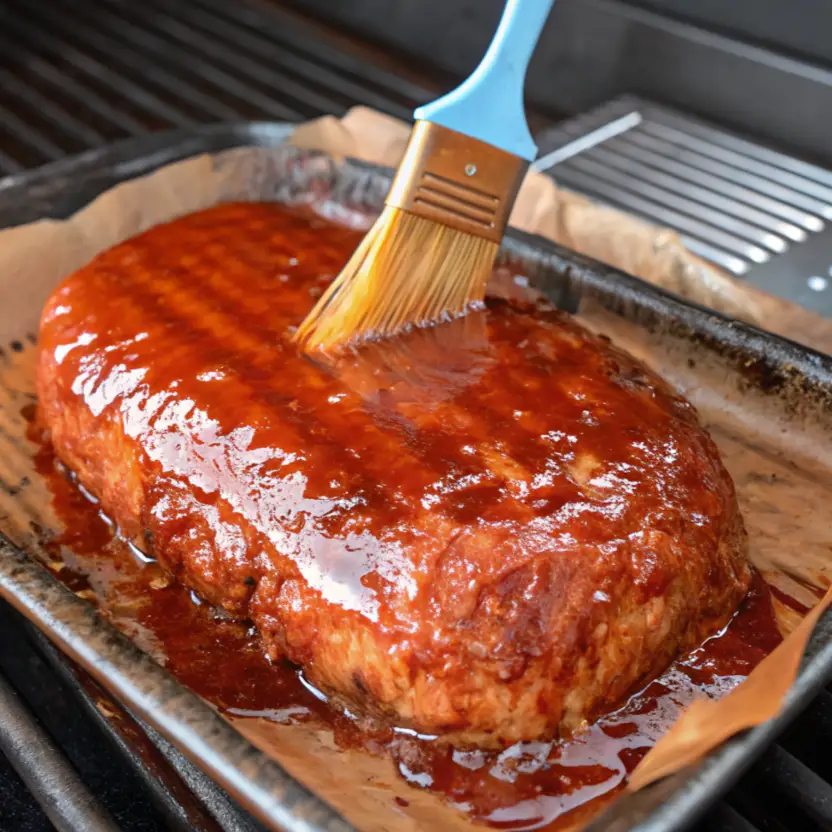 oval-shaped meatloaf sitting on a parchment-lined baking sheet is shown. A blue-handled basting brush is applying a thick, glossy, deep red glaze/sauce to the top of the meatloaf.