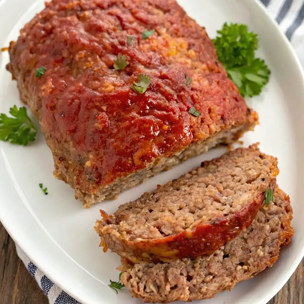 A recipe for meatloaf with oatmeal, covered in red sauce, served on a white plate with a few sprigs of parsley for garnish. Two thick slices have been cut and placed in front of the meatloaf, revealing the rich texture of the oatmeal.