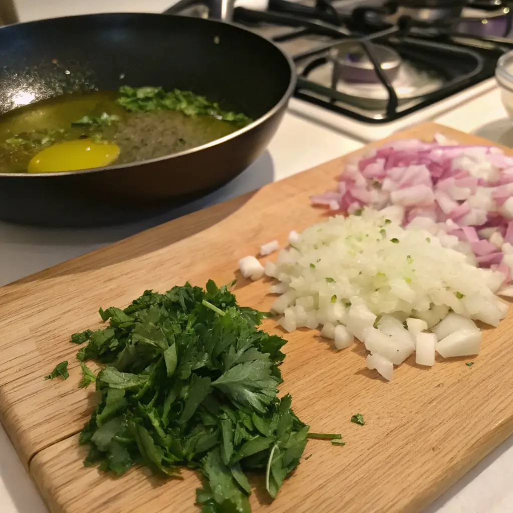 Close-up shot of a wooden cutting board with two piles of finely diced onions, one pile of minced garlic, and a pile of chopped fresh parsley. In the background, a small frying pan containing oil.