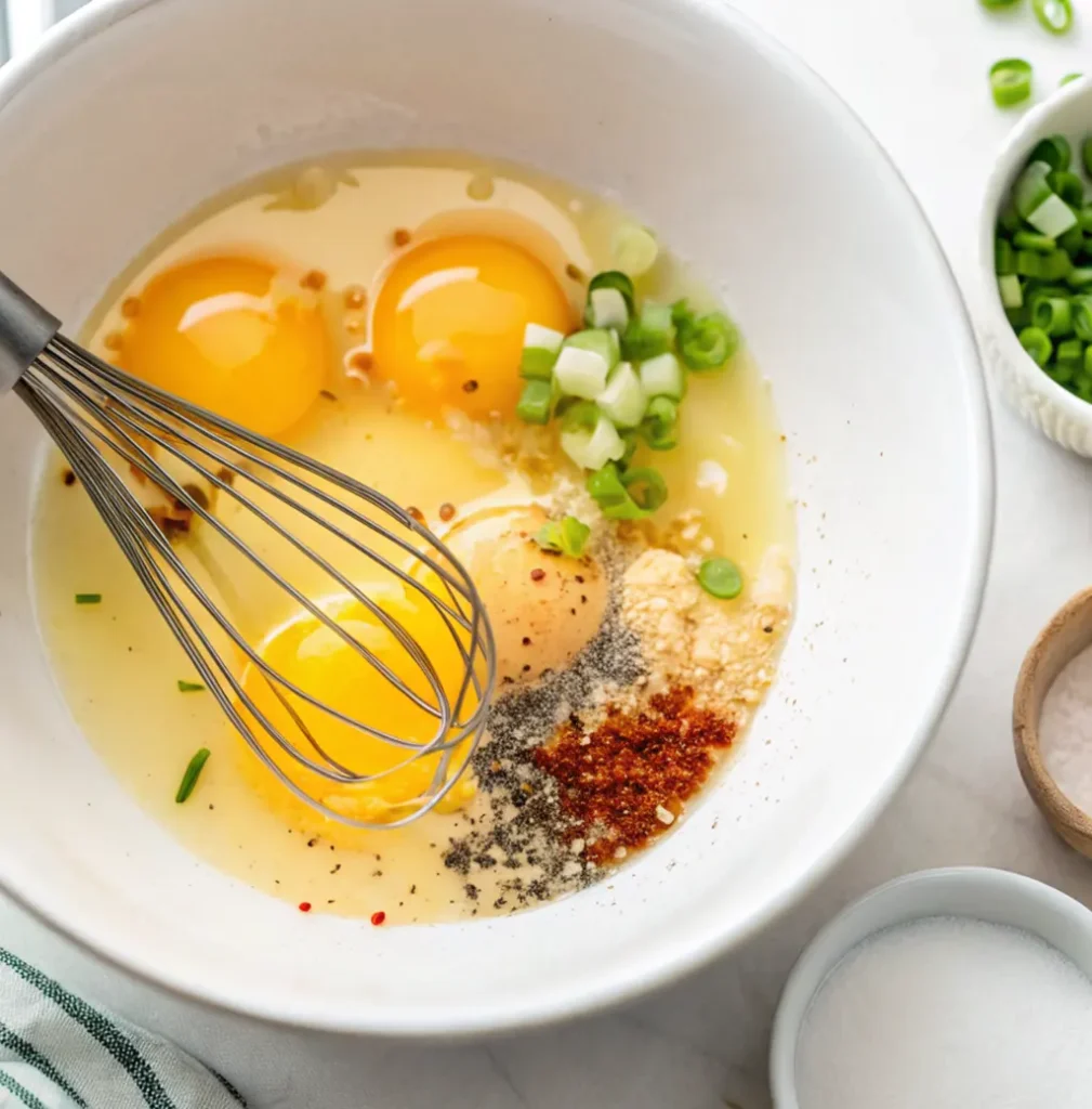 Preparing quiche filling: Raw eggs, green onions, and spices like paprika and pepper are in a bowl with a wire whisk before being mixed.