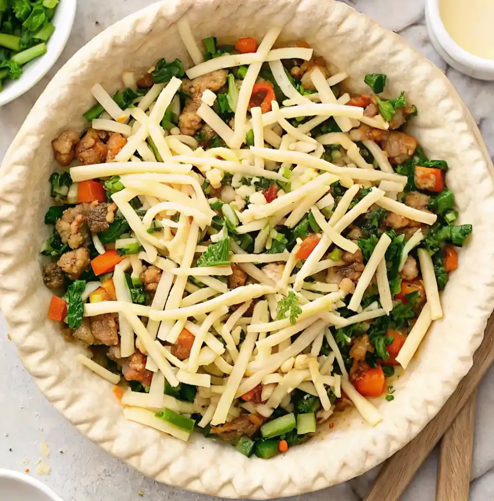 Overhead view of an unbaked quiche: pie dough holds the colorful sausage, pepper, and spinach filling, topped with long shreds of cheese.