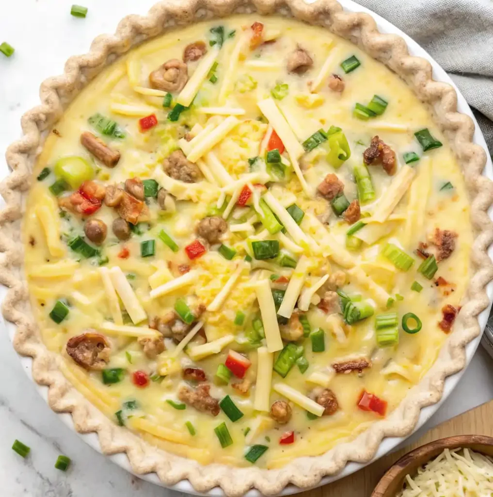 Overhead view of an unbaked sausage quiche, with the savory egg custard poured over the filling, topped with cheese and green onions.